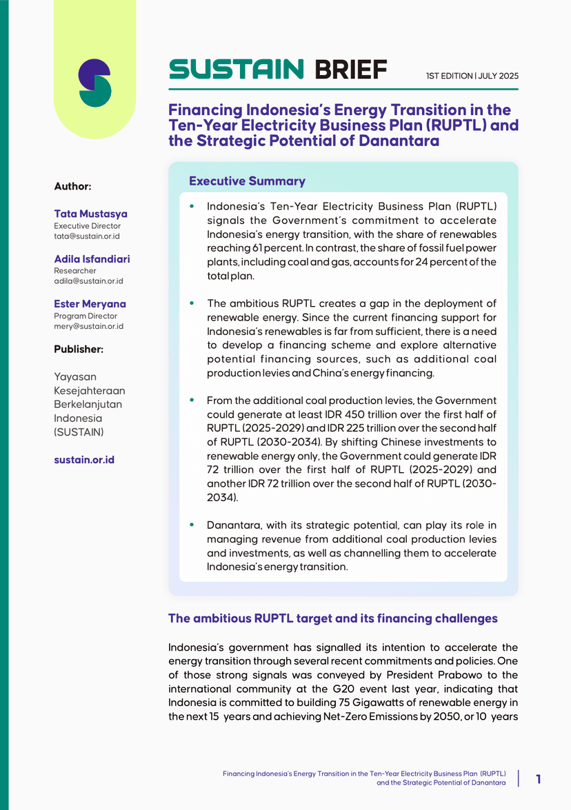 Financing Indonesia's Energy Transition in RUPTL and the Strategic Potential of Danantara